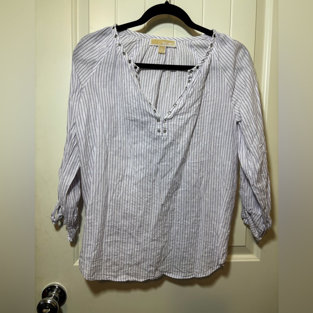 Michael Kors Womens Shirt XS Linen Blend Purple Stripe Long Sleeve Tie Sleeve D2